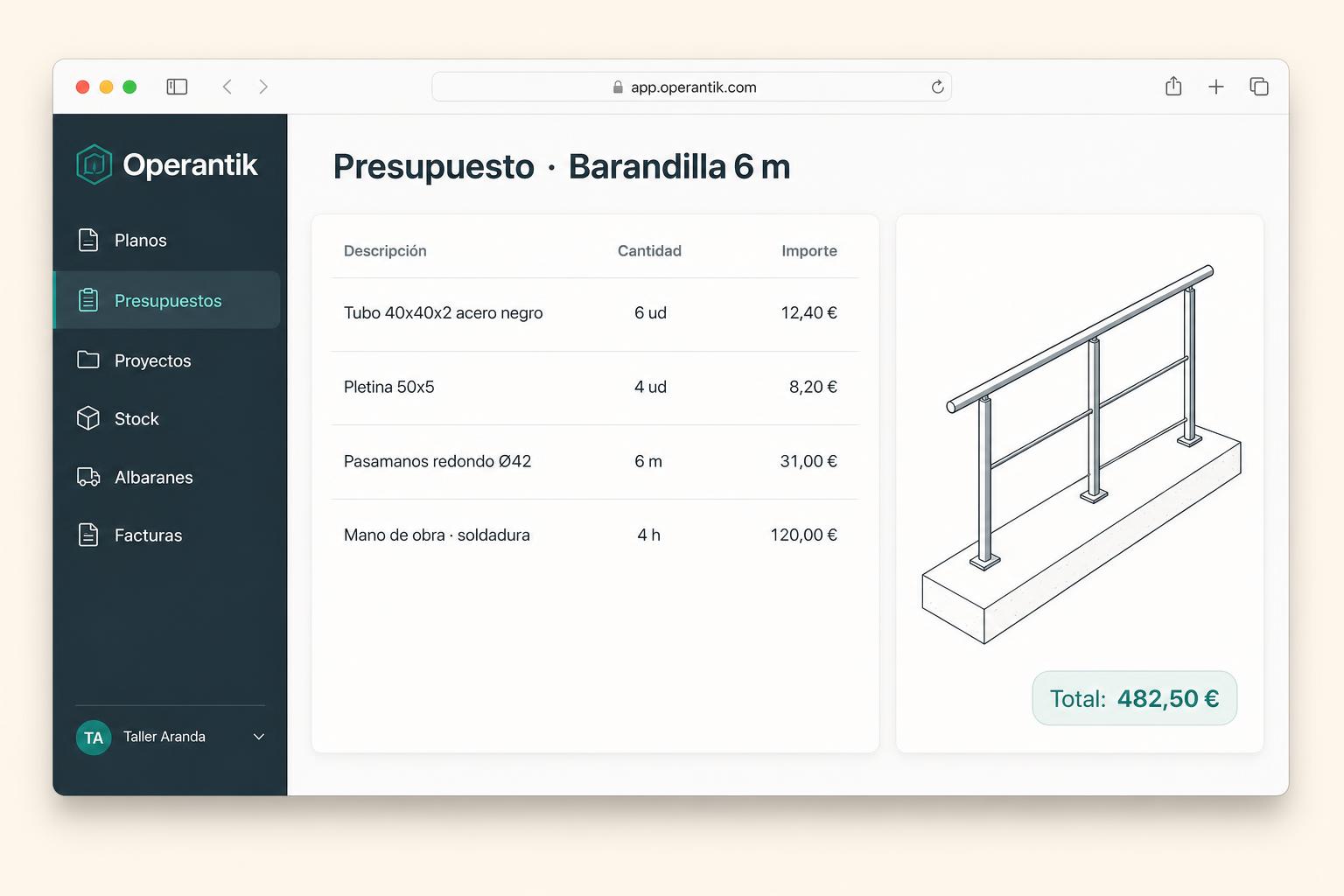 Captura de Operantik mostrando un presupuesto de barandilla con su despiece de material.